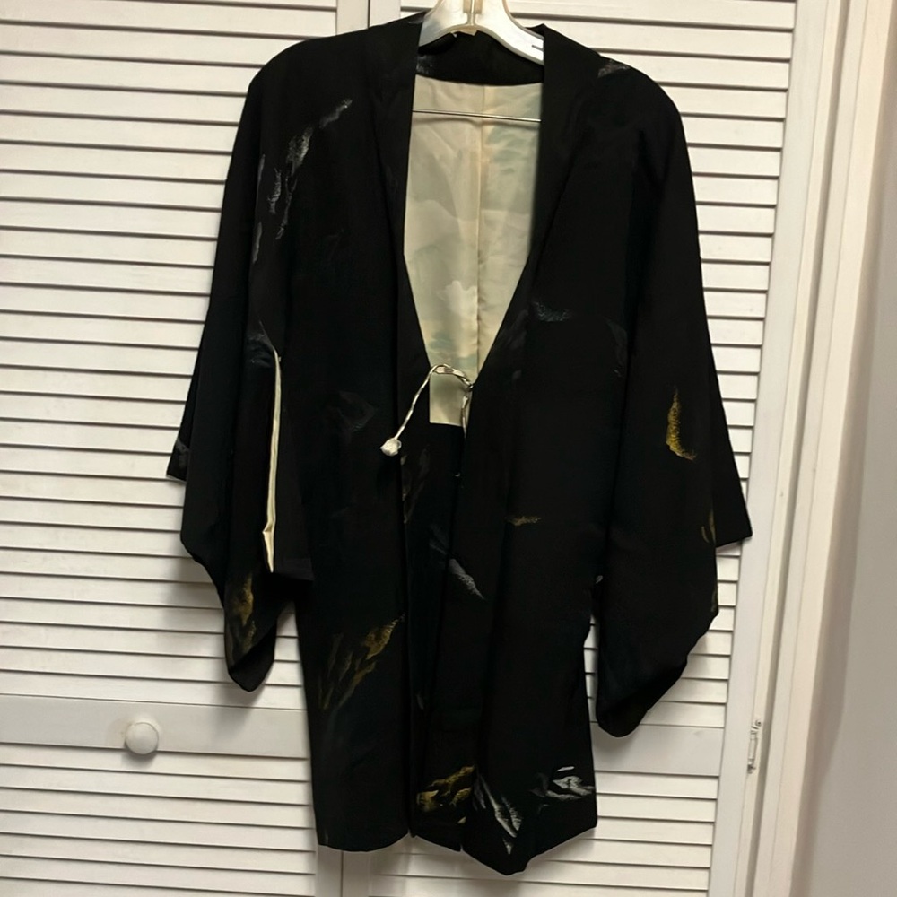 100% silk heavy kimono Hapi coat. Black with gold and silver embellishment.